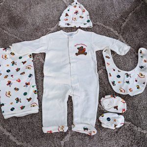 "My First Christmas"  Romper, Blanket, Beanie, Bib & Footies - All In One Set